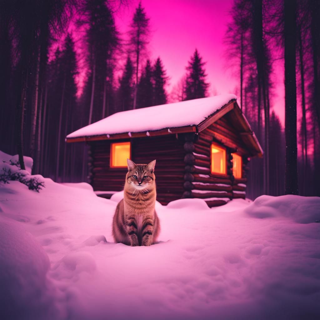 Cat in Snowy Finland: Synthwave Neon Cabin