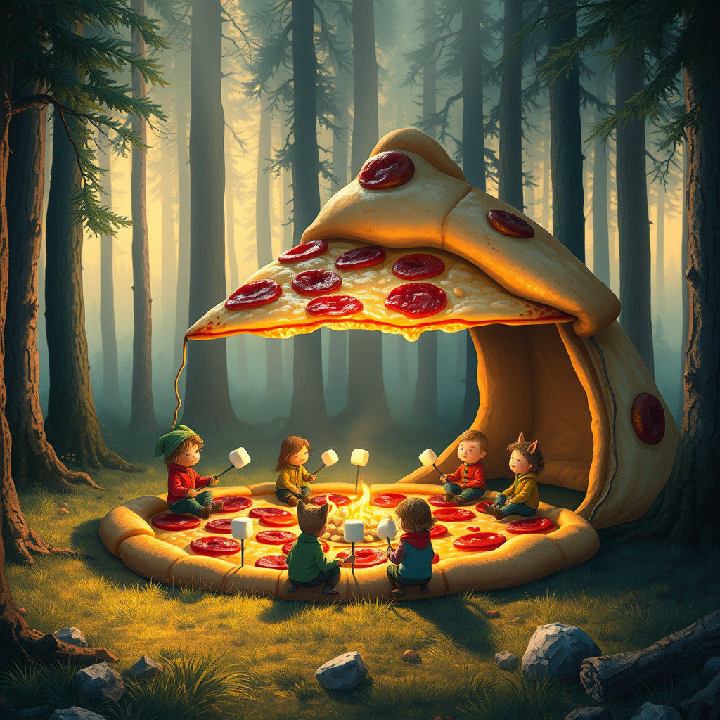 Pizza Tent in Forest Clearing, Whimsical Illustration