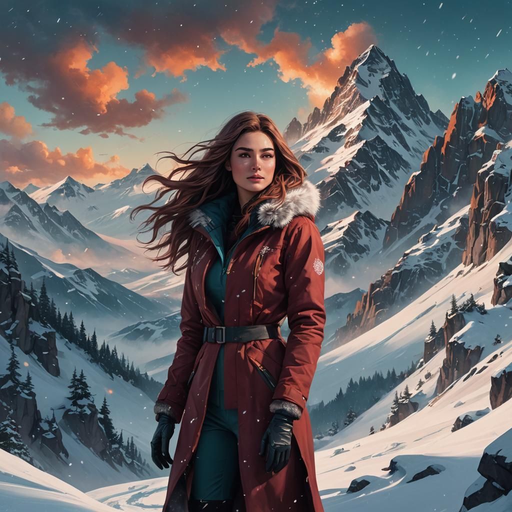 Woman on Snowy Mountain in Fantasy Art Style