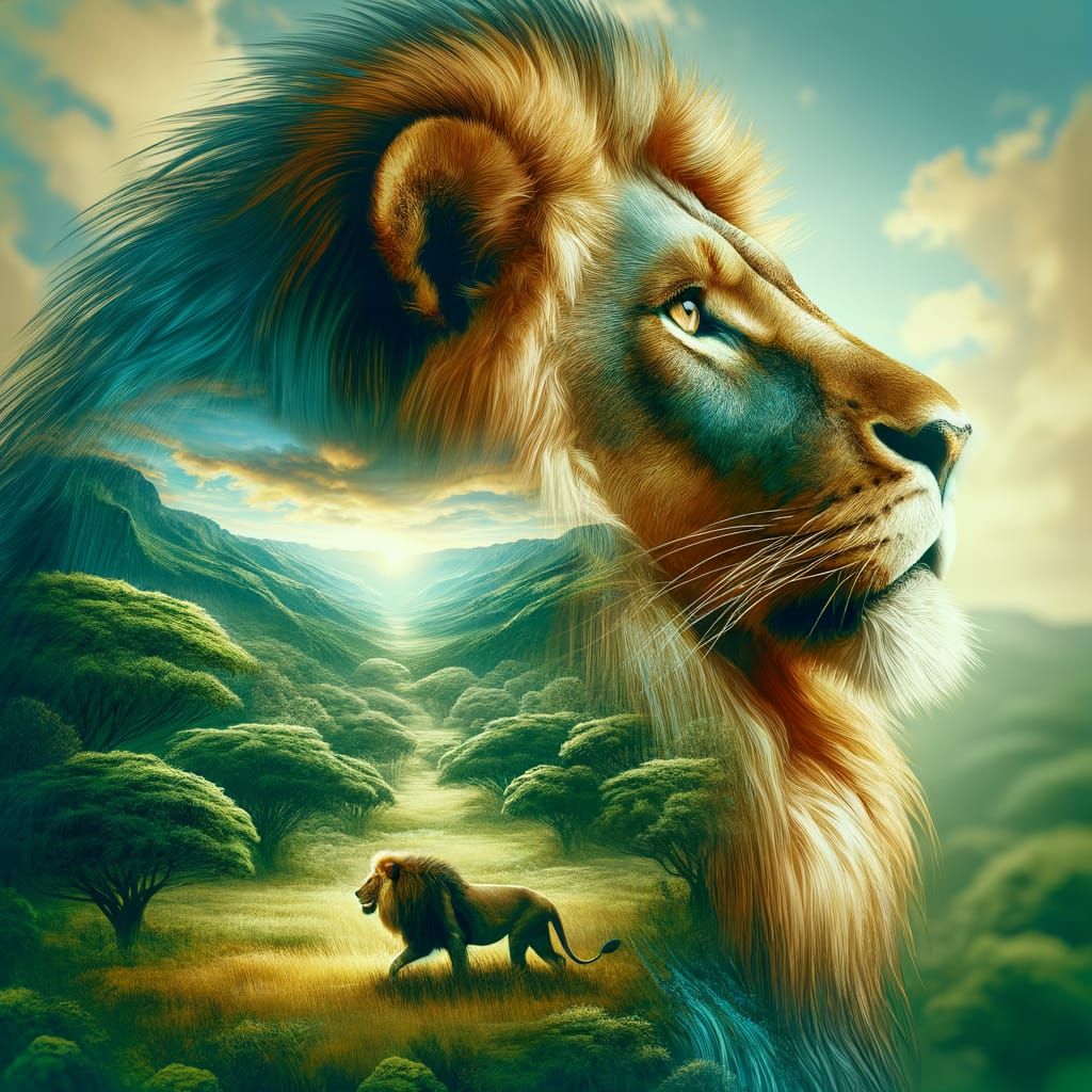 Lion's Head Double Exposure: Strength and Power