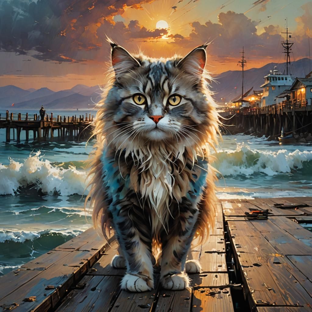 Cat on Pier at Sunset: Digital Matte Painting