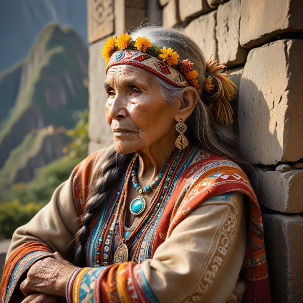 Wise Woman at Machu Picchu in Art Nouveau Style