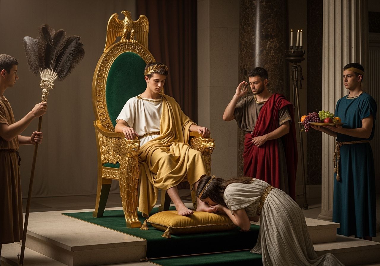Roman Emperor on Eagle Throne Receives Queen