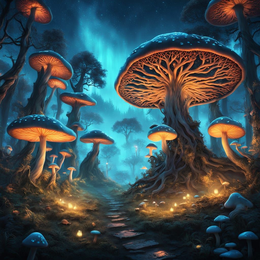 Enchanted Forest of Glowing Mushrooms Under Starry Night Sky
