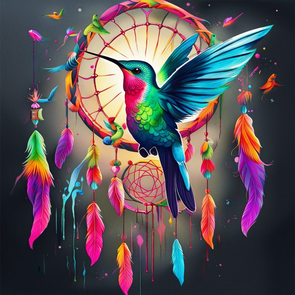 Hummingbird Dreamcatcher Graffiti Art in Polychromatic Style