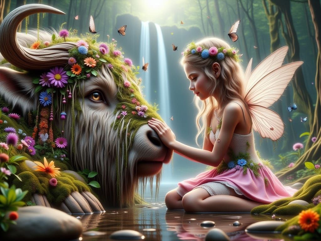 Whimsical Encounter of a Fairy Girl and Her Yak Companion