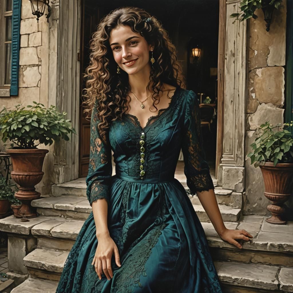 Elegant Woman in Blue Dress on Italian Porch