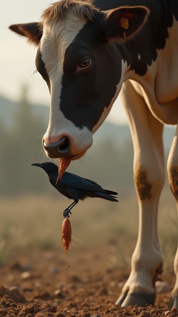 Cow and Crow: A Hyperrealistic Close-Up in 8K