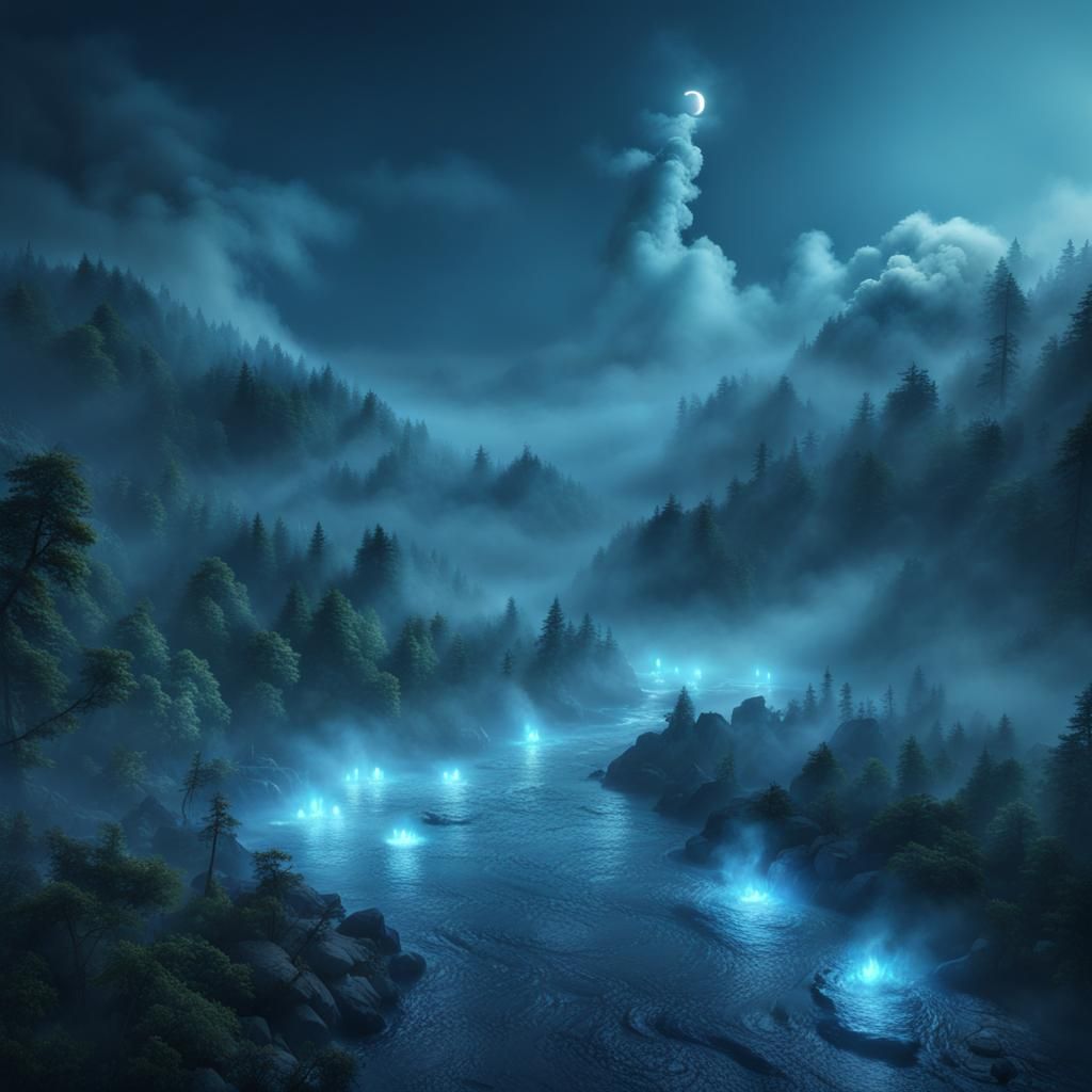 Blue Energy Landscape with Smoke and Moonlight