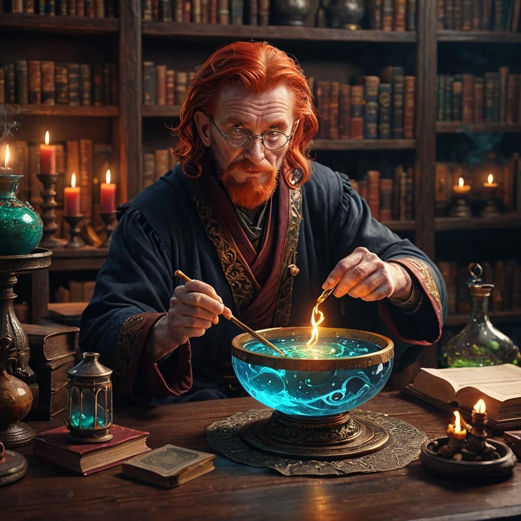 Old Mage Creates Glowing Potion in Fantasy Setting