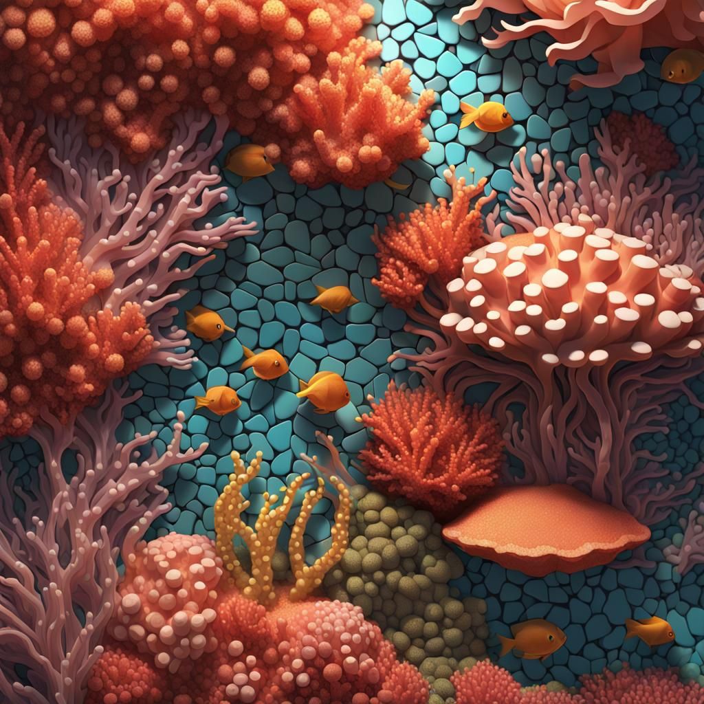 2D ceramic tile mosaic wall that looks like a coral reef