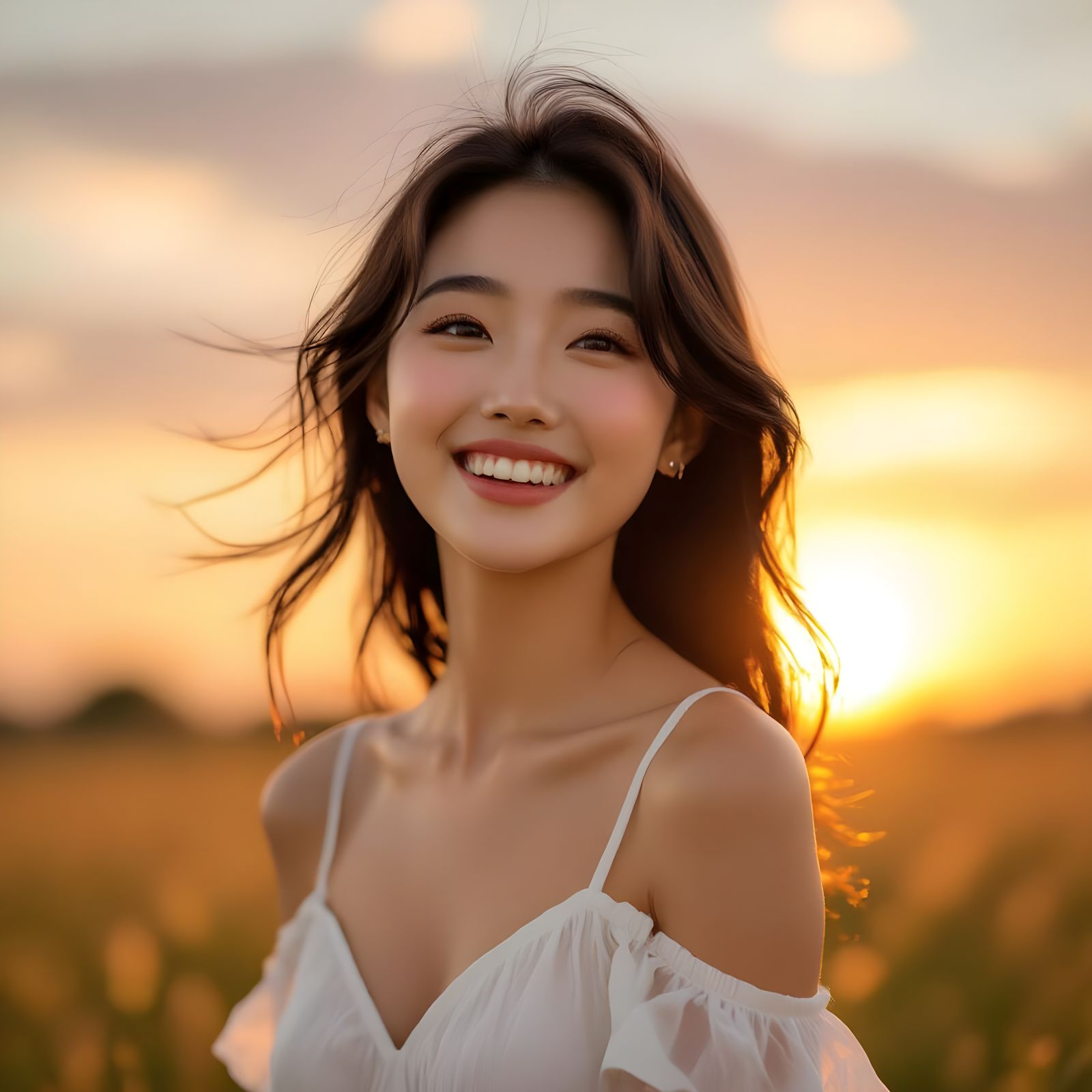 Golden Hour Portrait of Joyful Asian Woman in Field