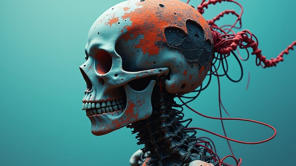 Corroded Biomechanical Cyberpunk Girl with Skeletal Elements