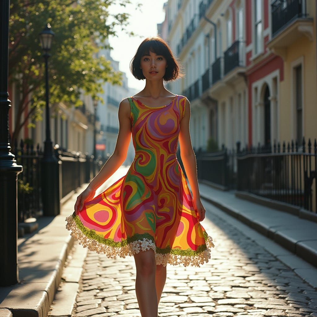 Charming Georgian Dublin Scene with Psychedelic Shift Dress