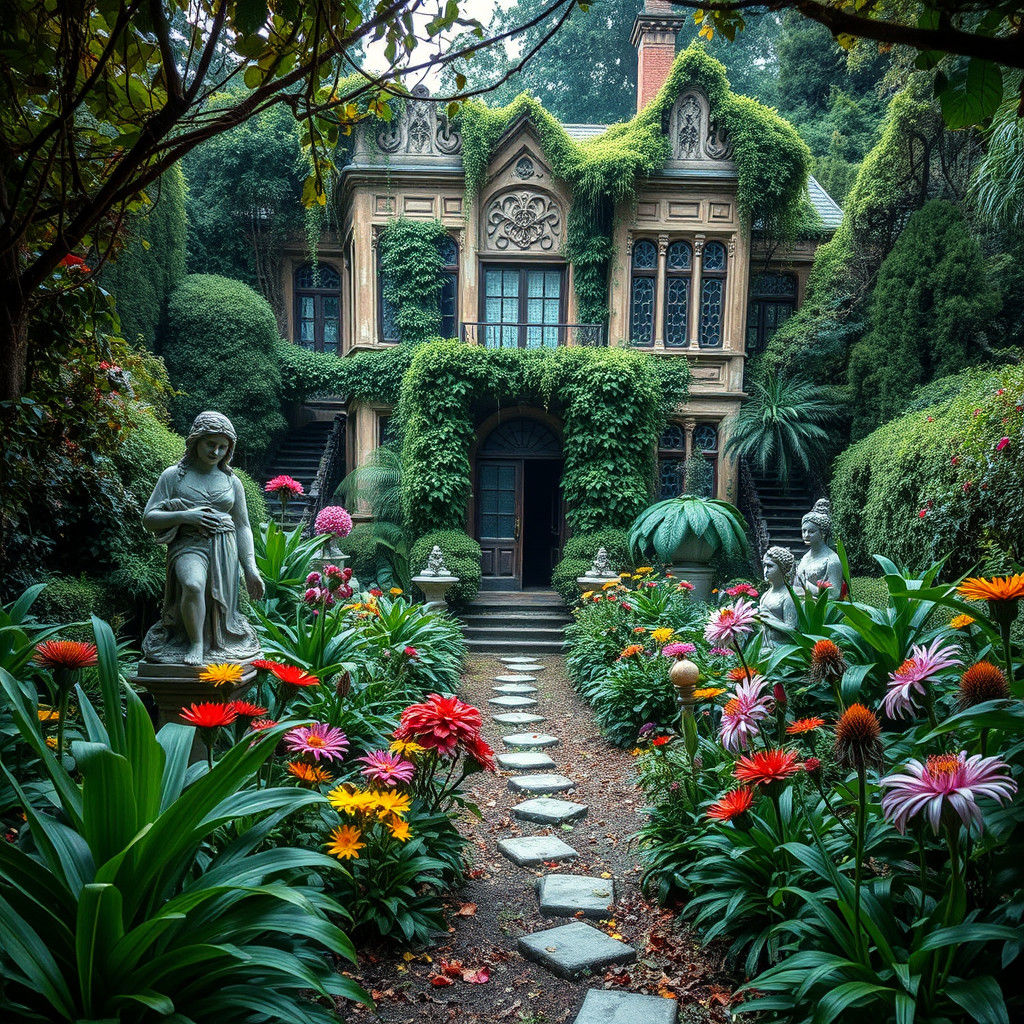 Mysterious Overgrown Garden with Ancient Statues