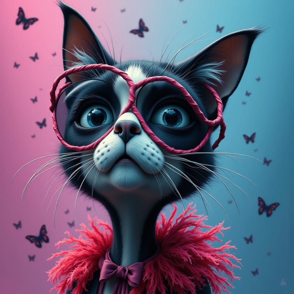 Black and White Cat in Tim Burton Cartoon Style