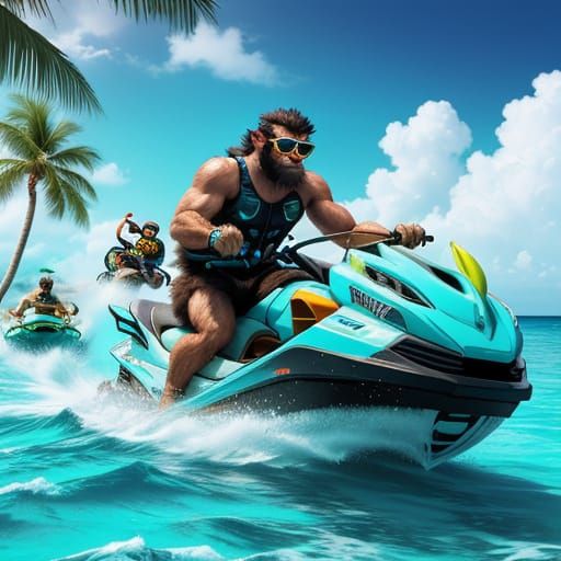 Hairy Monkey Jetskiing in the Bahamas in Vibrant Tropical St...