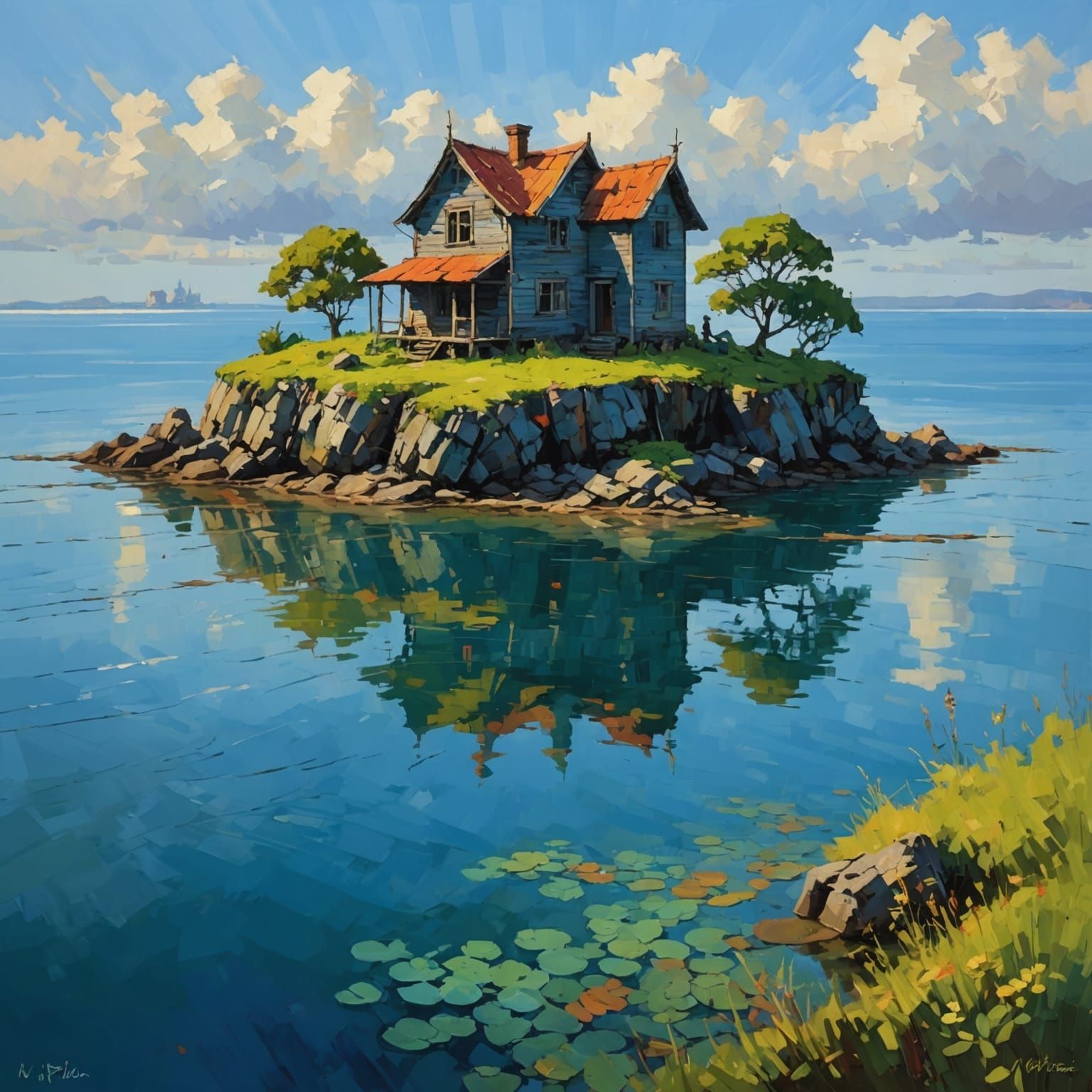 Island House Seascape in Acrylic Impasto Style