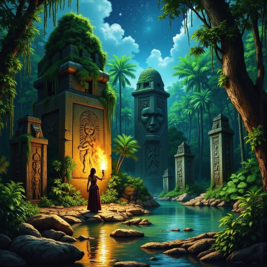 Brave Adventurer in Jungle Clearing, Digital Painting