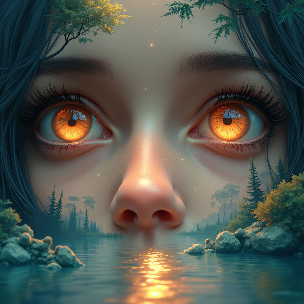 Surreal Sunrise River Reflecting in Woman's Eyes