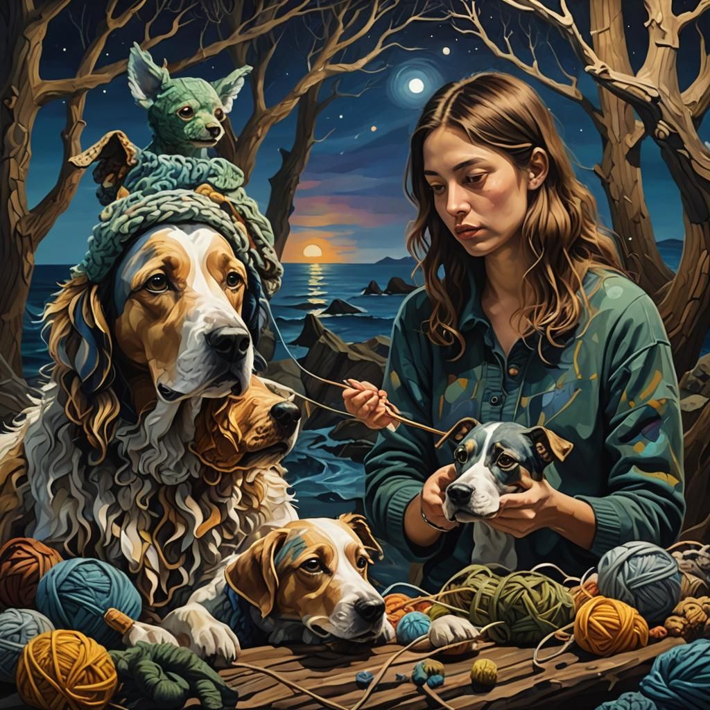 Dog, Brother, and Sisters in Ocean Forest, Hyperrealistic