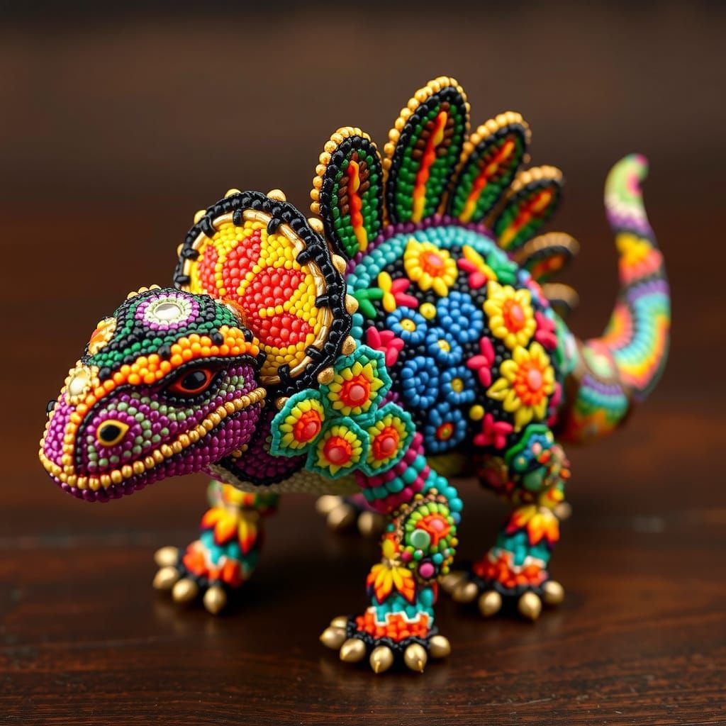Beaded Dinosaur Figurine in Folk Art Style