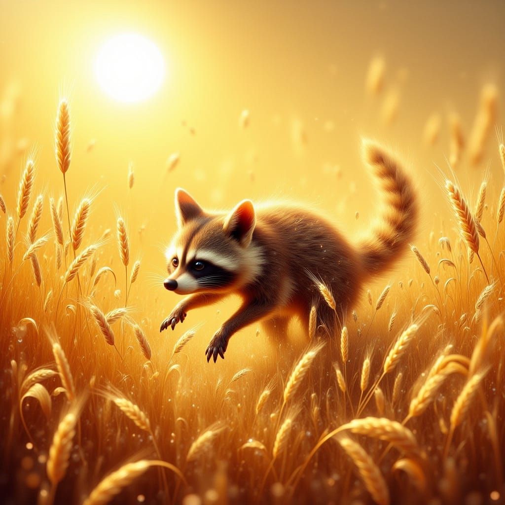Raccoon Running Through Wheat Field in Bright Sunshine