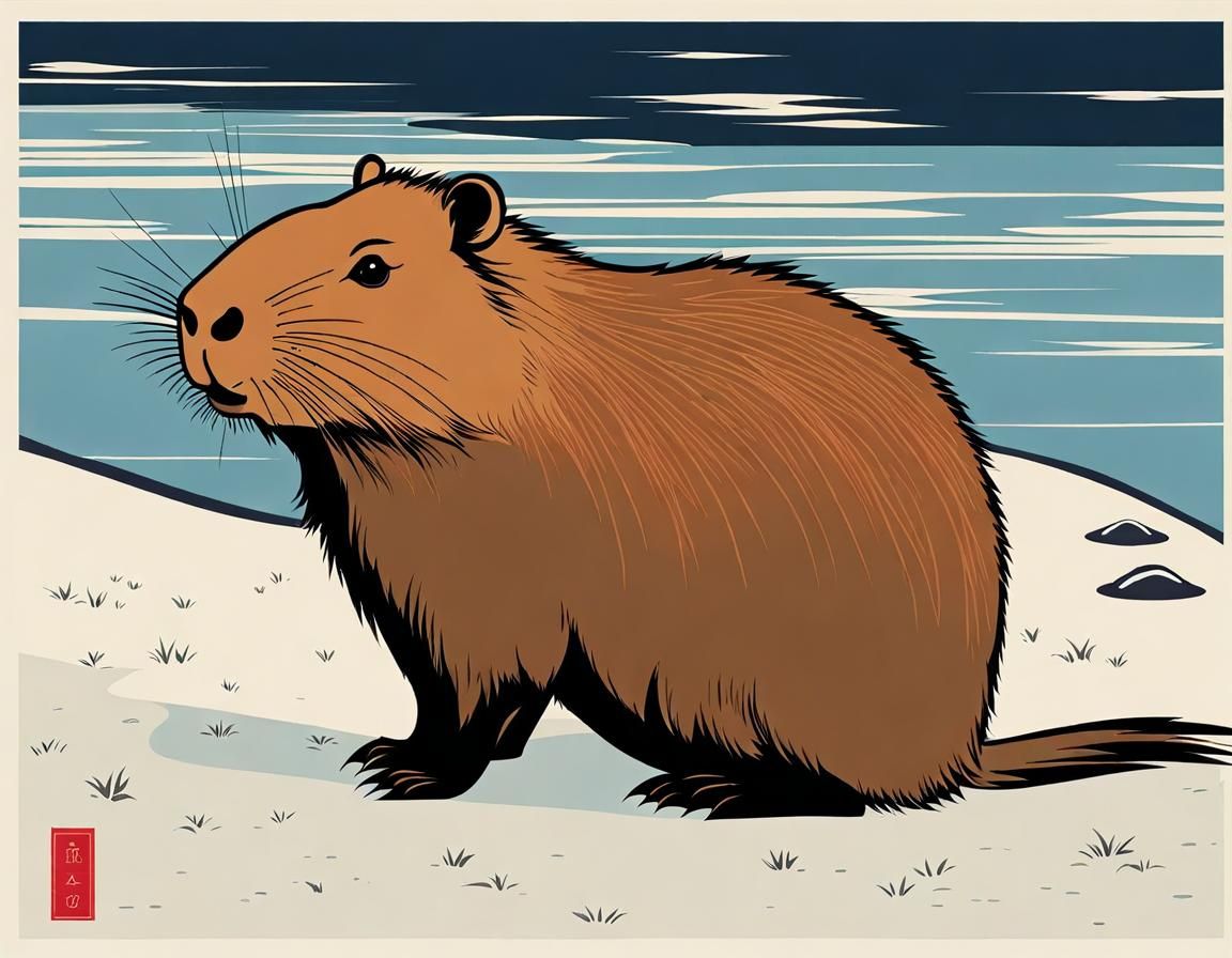 Capybara in Landscape: Minimalist Ukiyo-e Style