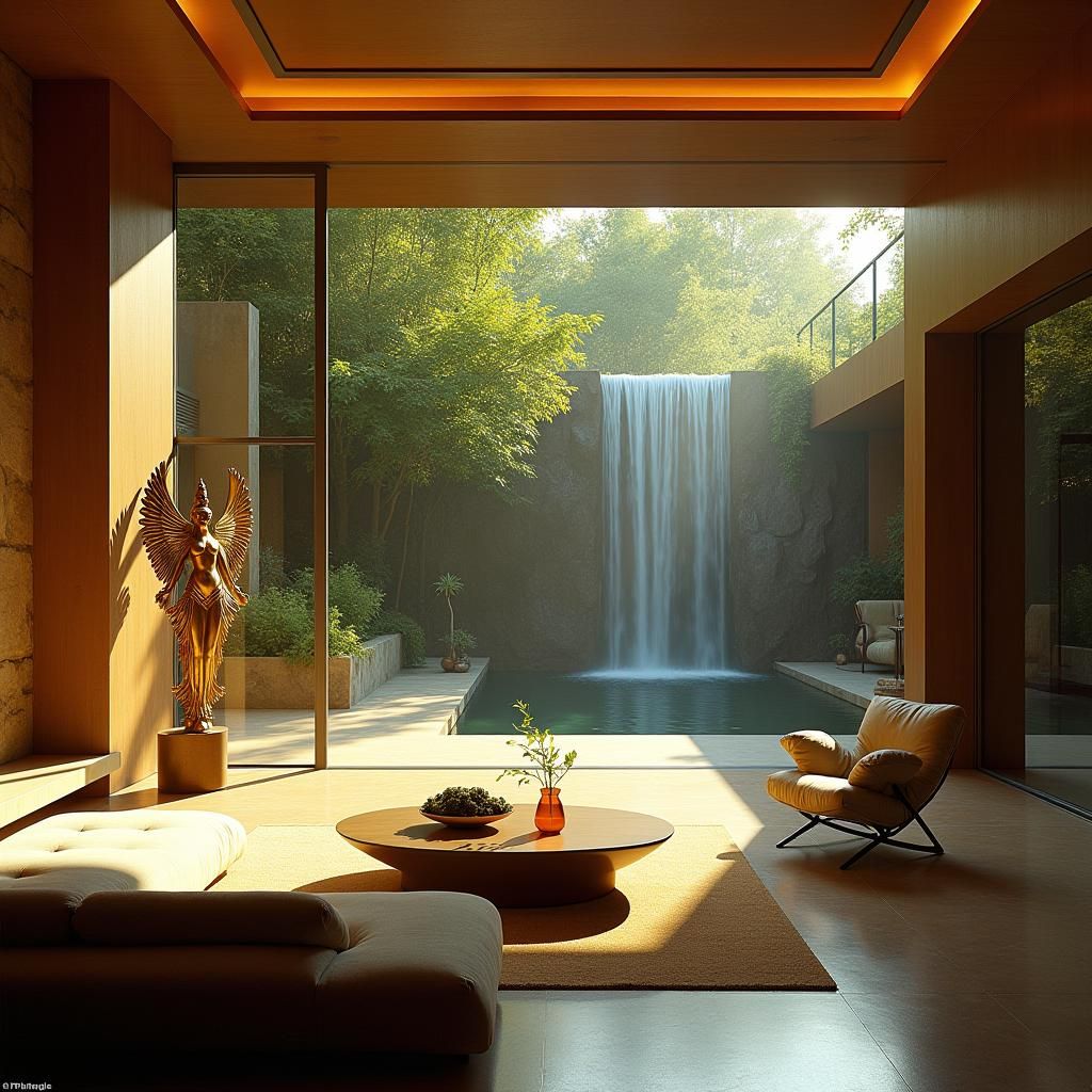 Elegant Living Room with Waterfall and Golden Dancer
