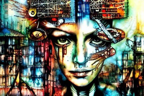 Post-Apocalyptic Town of Lost People: Watercolor and Pen