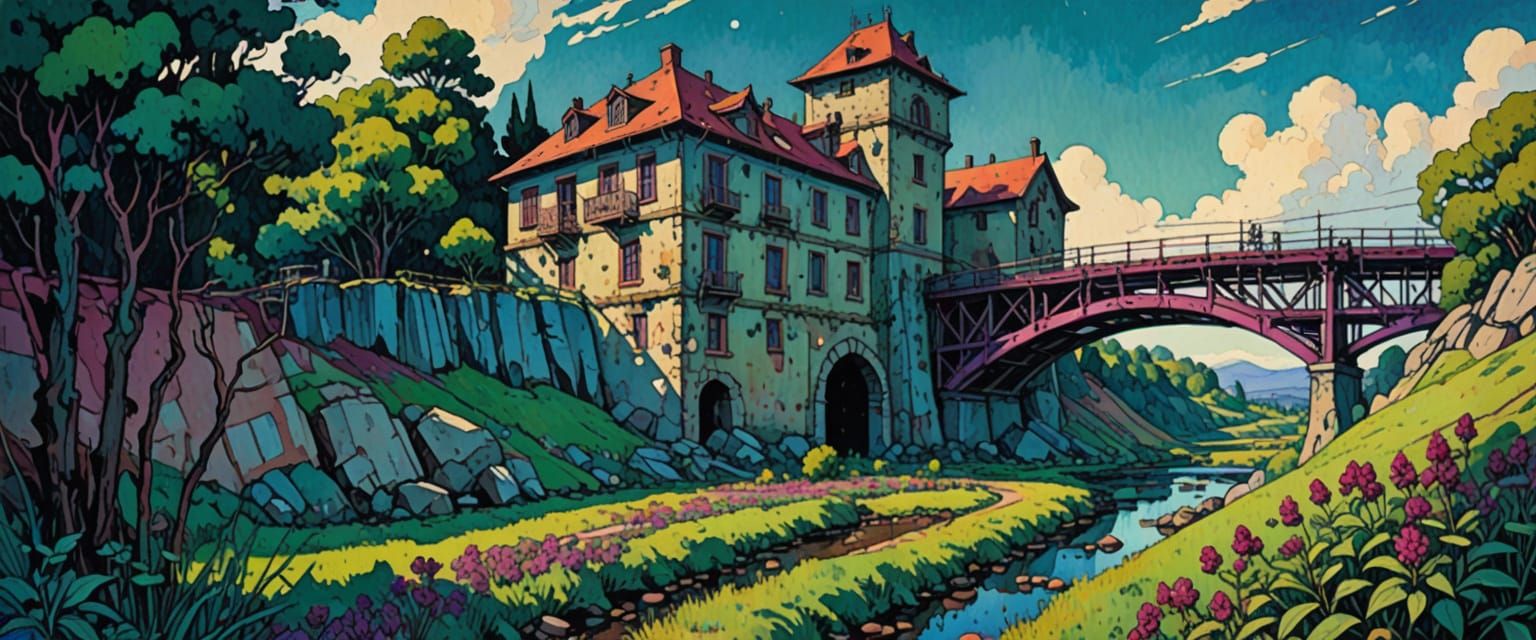 Industrial Wasteland Oasis in Watercolor Comic Style