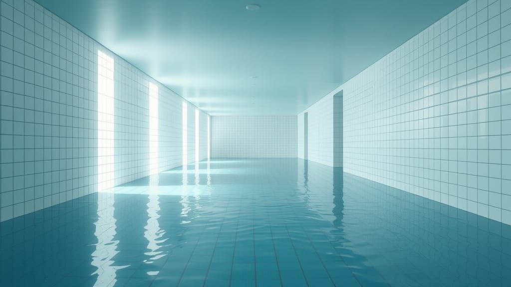 Serene Flooded Pool Hallway in Minimalist Style