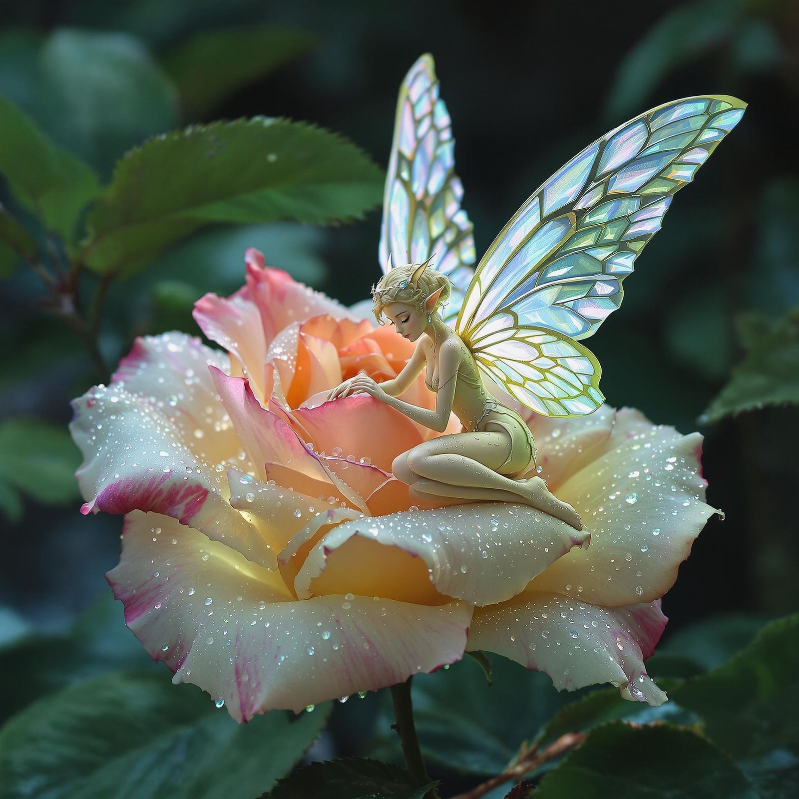 Bioluminescent Fairy on Dew-Kissed Rose, Macro Photography