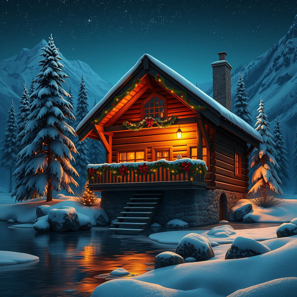 Christmas Cabin in Snowy Landscape: Cinematic Matte Painting
