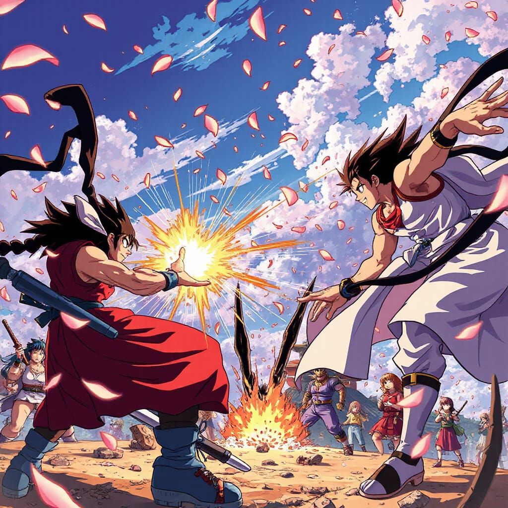 Epic Anime Battle Scene with Cherry Blossoms