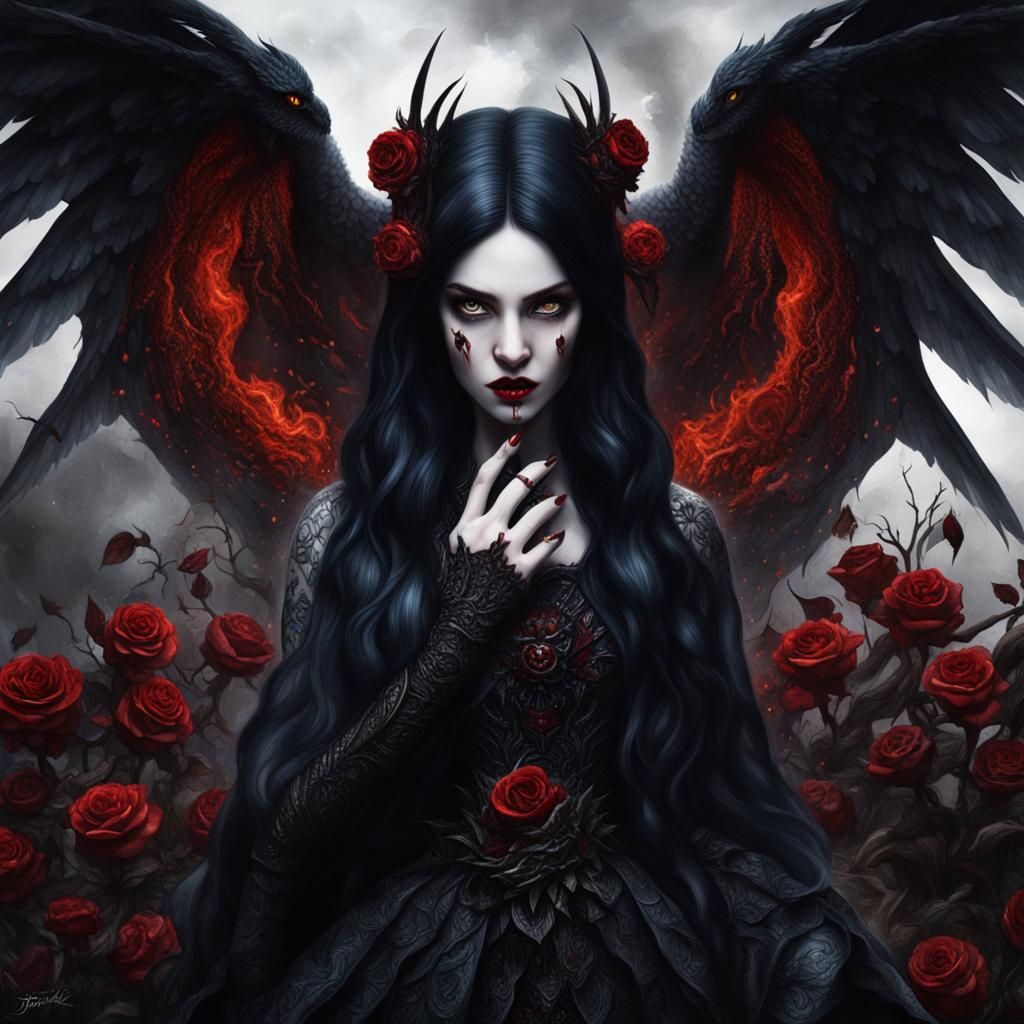 Vampire Lilith with Black Roses in Hyperrealism