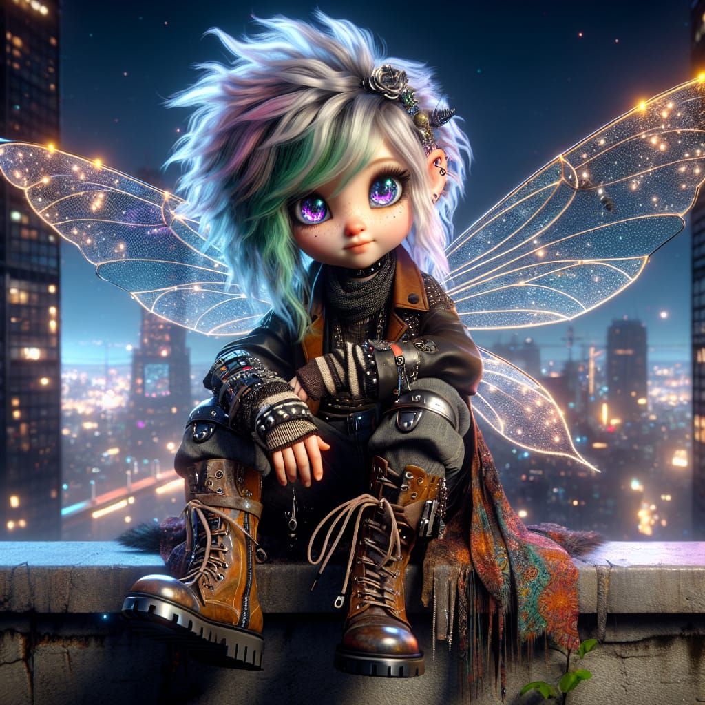 Cyberpunk Pixie Punk Rocker Soars Under Moonlit City Skies