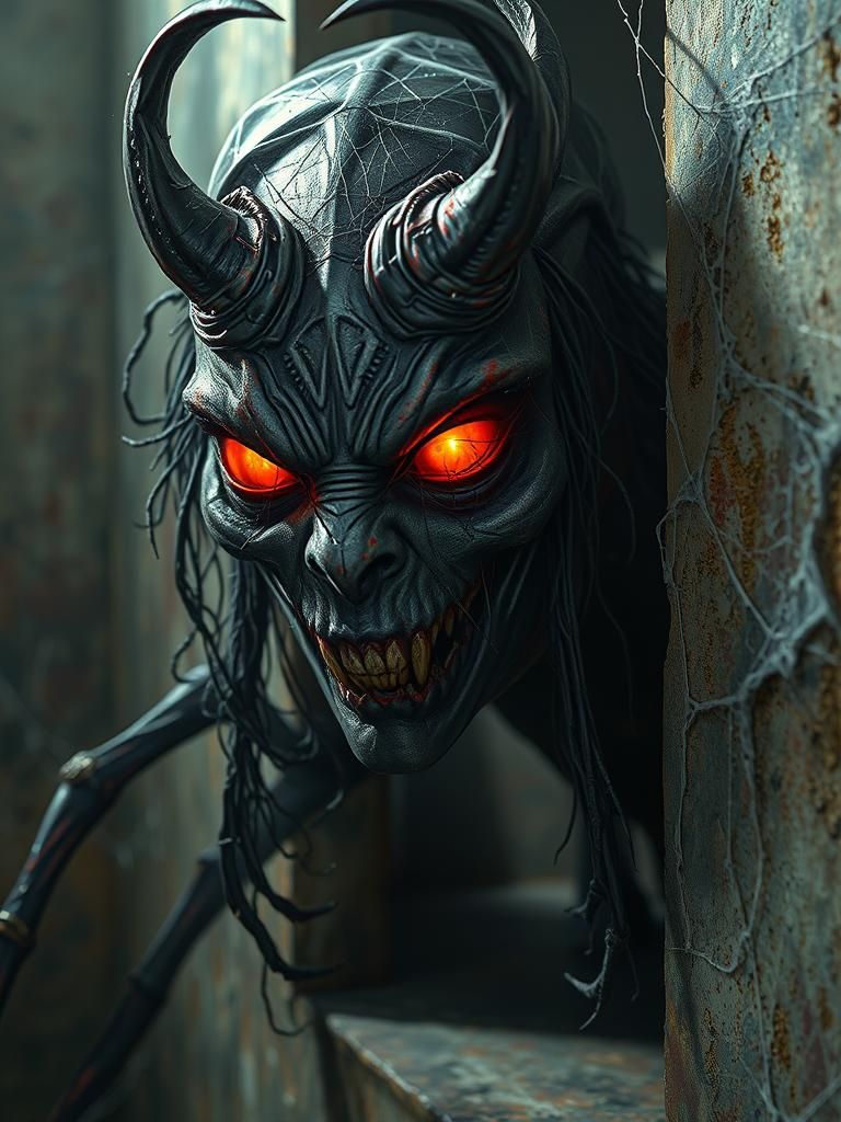 Highly detailed and realistic close-up of a female shadow fiend, with glowing red eyes and sharp claws, lurking in the s...