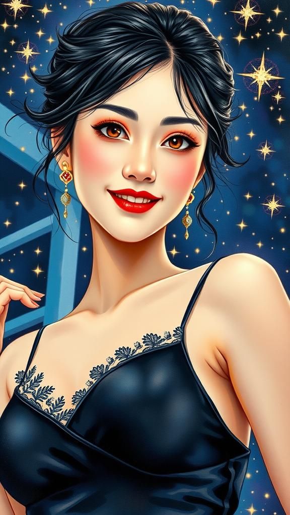Stunning Oriental Woman in Dreamy Starlight, as Watercolor P...