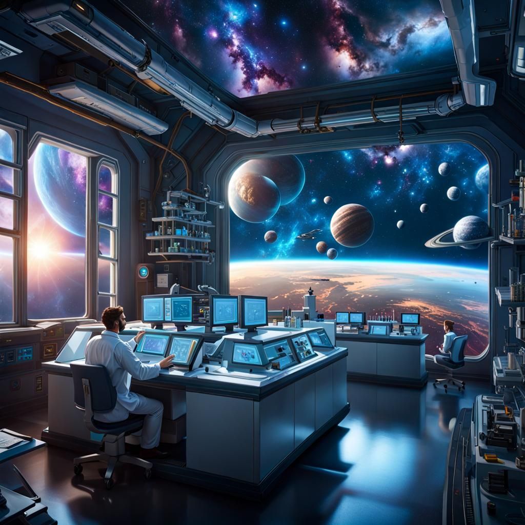 Weightless People Gaze at Galaxy From Science Lab