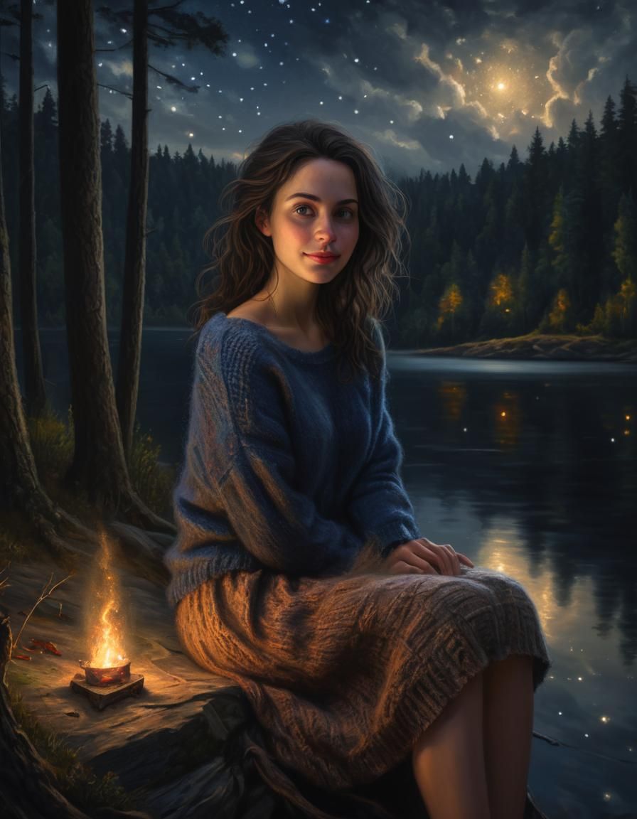 Woman Gazing at Night Sky in Chiaroscuro Style