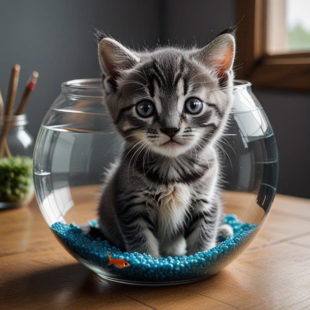 Grey Kitten in a Vintage Fishbowl