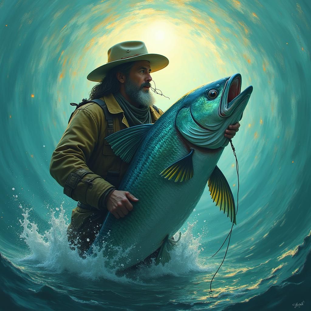 Fisherman's Triumphant Catch in Digital Matte Painting