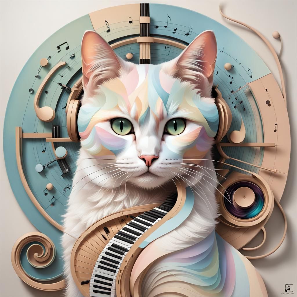 In a mesmerizing fusion, a graceful cat, entranced by music, graces pastel hues. Fibonacci's mathematical allure intertw...