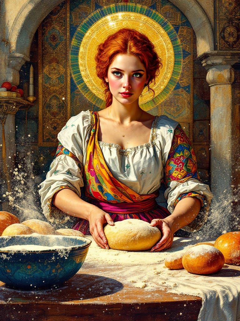 Redhead Baker Kneading Dough in Psychedelic Kitchen