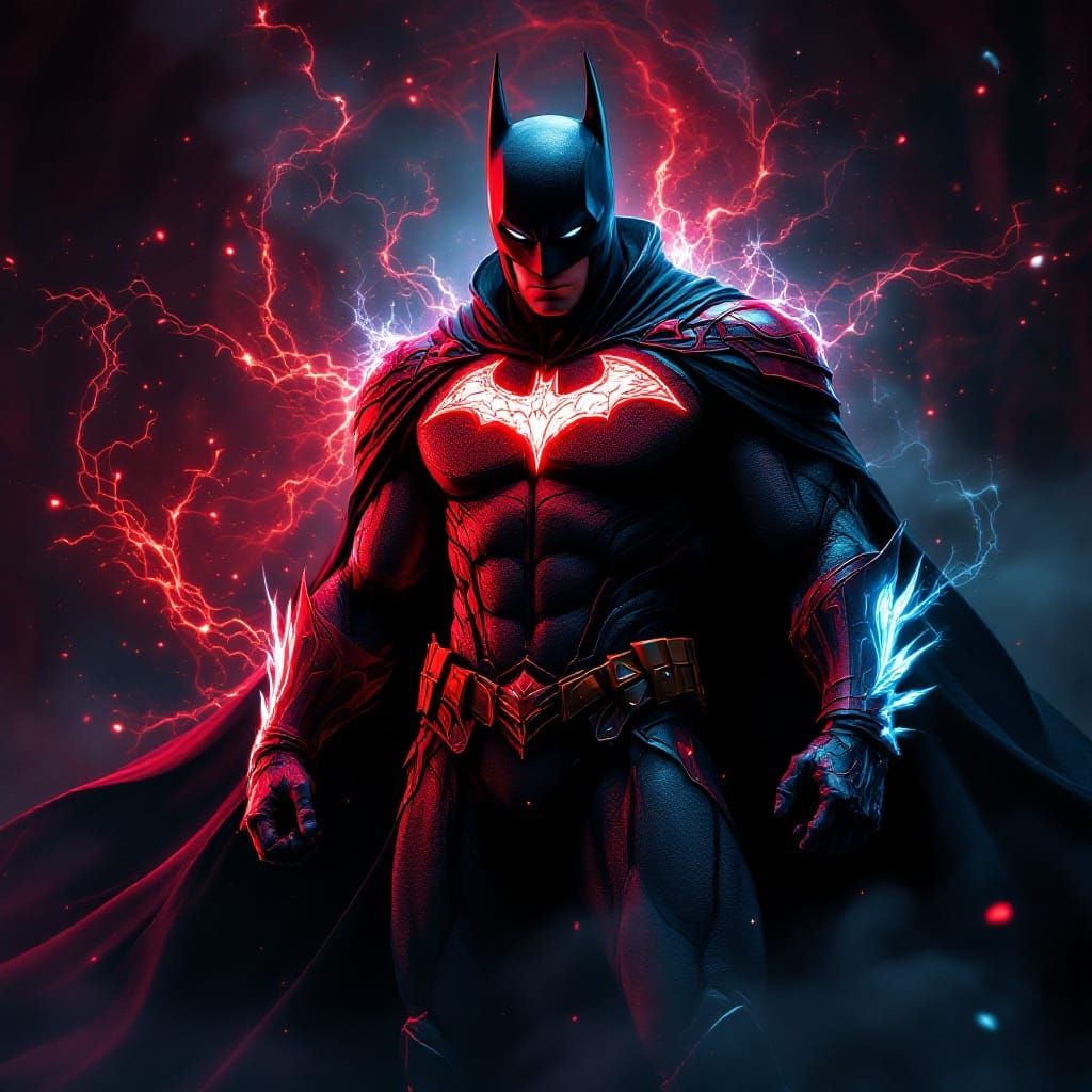 Majestic Dark Knight in Red Armored Suit, Illuminated by Neo...