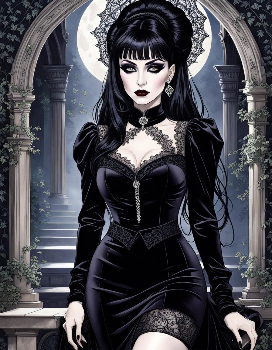 Gothic Woman in Black Velvet Dress