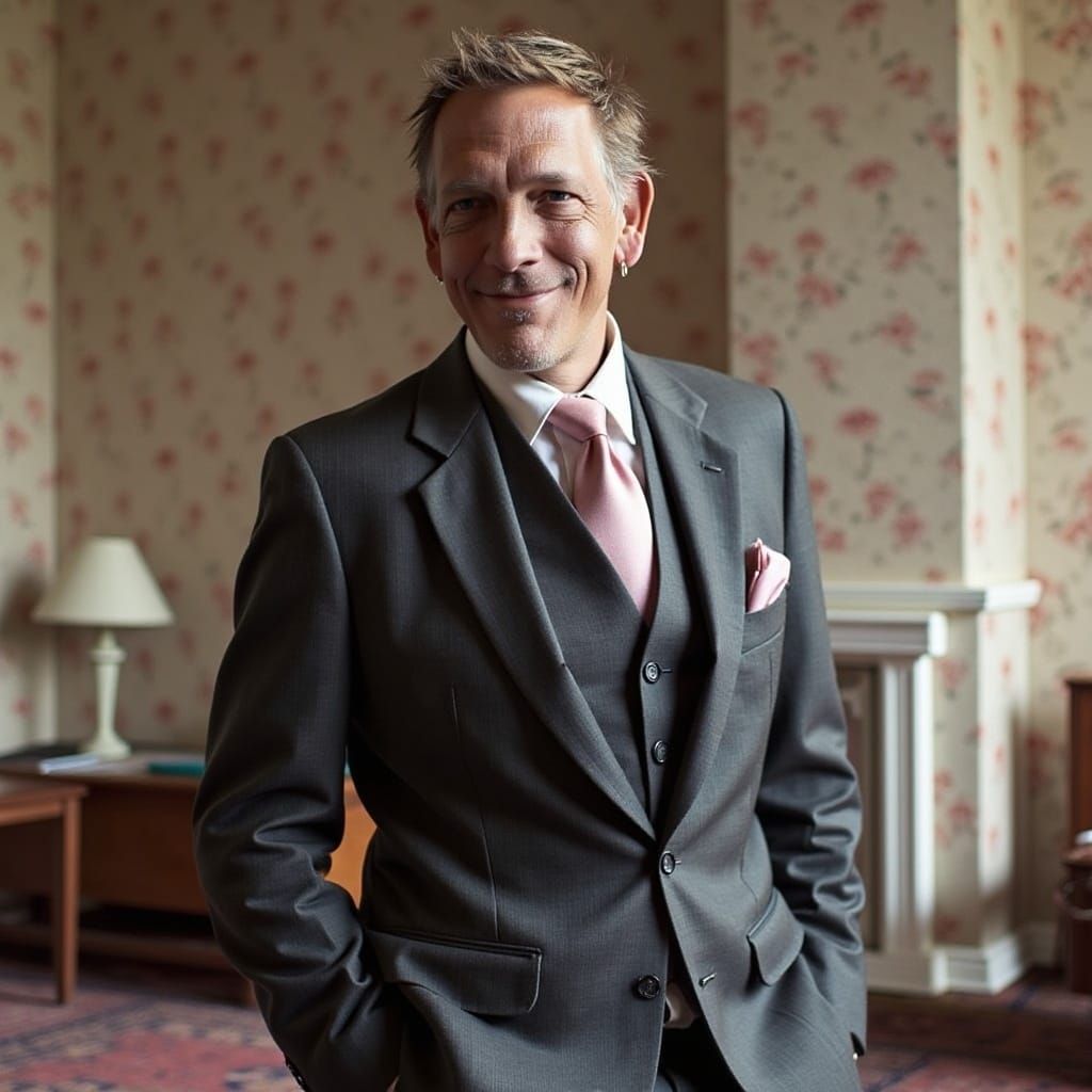 Man in Country Suit Against Paisley Wallpaper