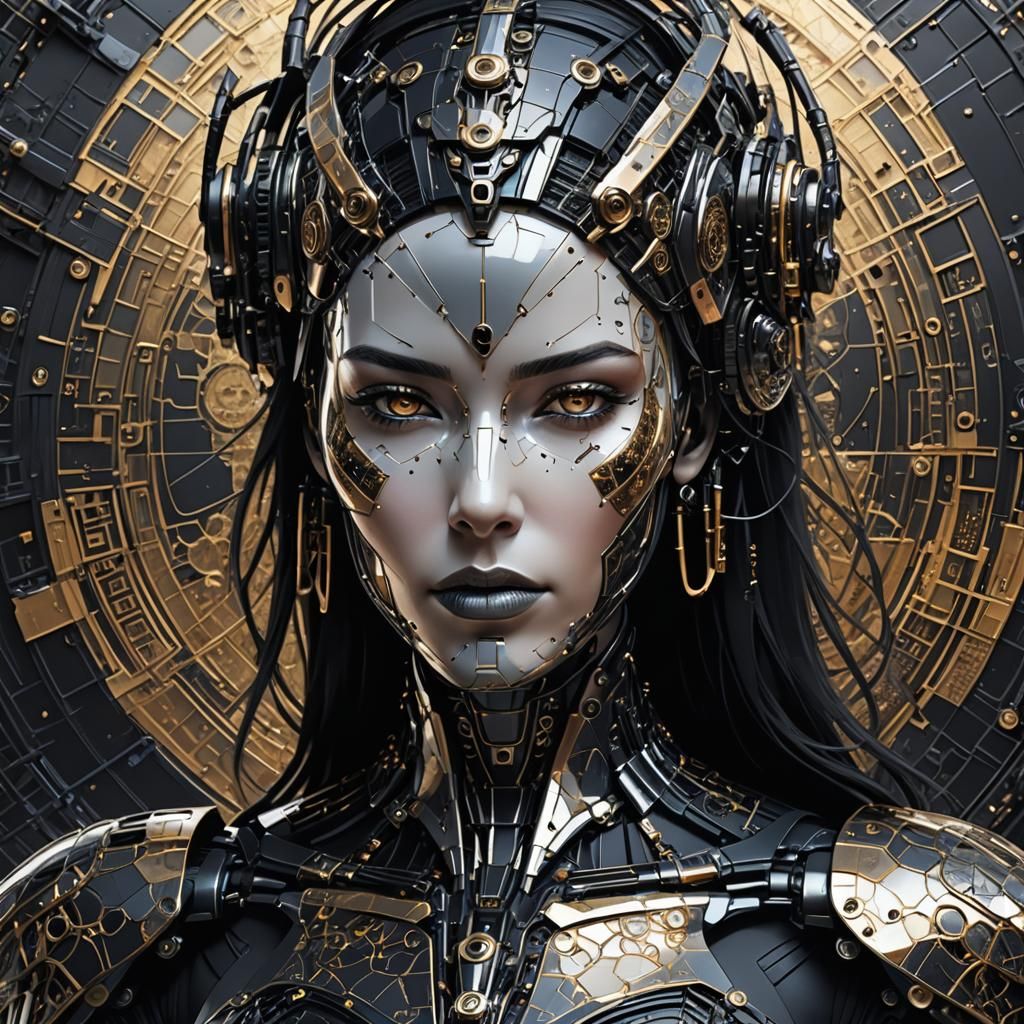 Cyborg Warrior Woman in Black Porcelain, Digital Art