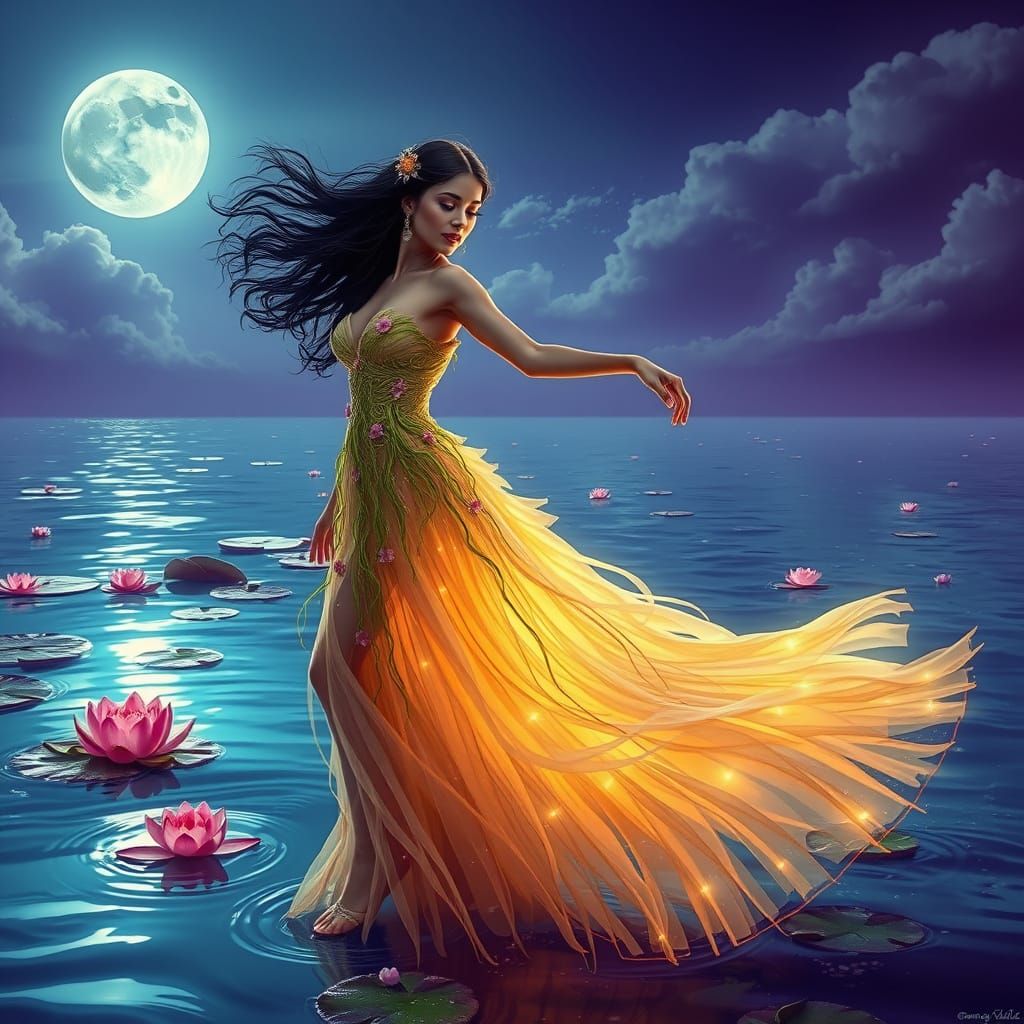 A Latina woman in her 30s dances at the center of a moonlit lagoon, her gown a whirl of floating papyrus, white lotus, a...
